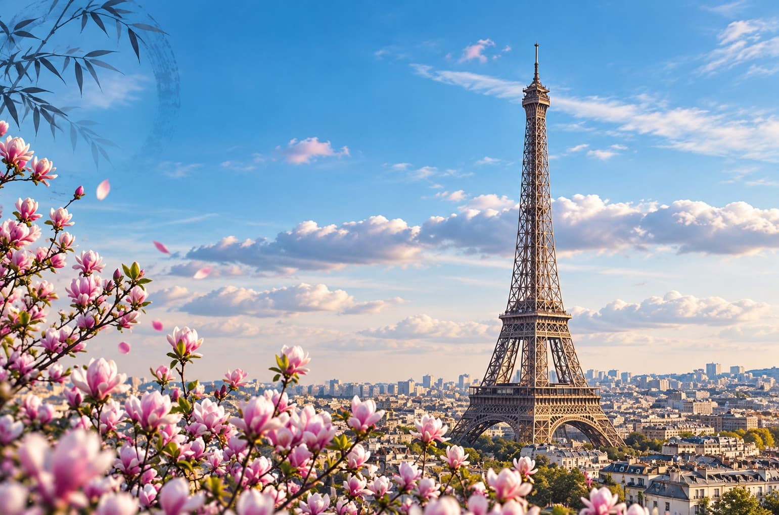 La tour Eiffel au-dessus des magnolias en fleurs, à Paris, un matin de printemps
